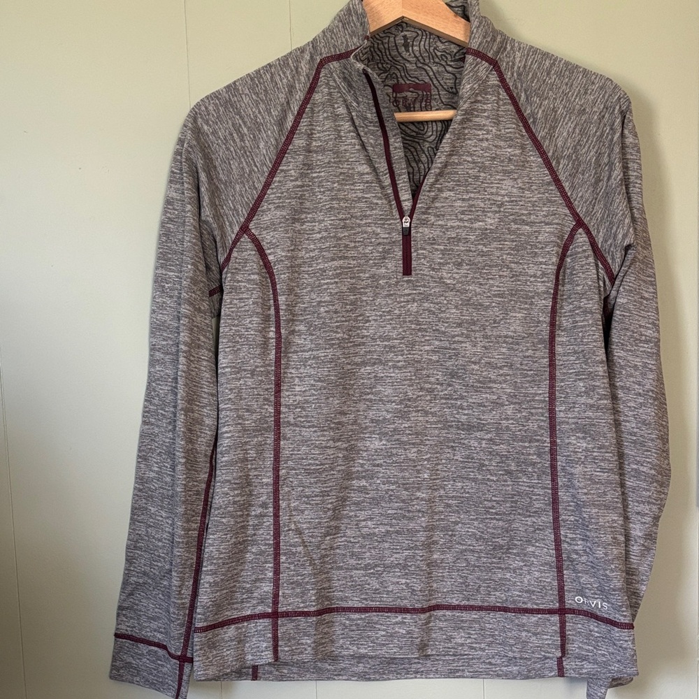 Orvis Gray Quarter-Zip Sweatshirt with Maroon Contrast Stitching trout bum
